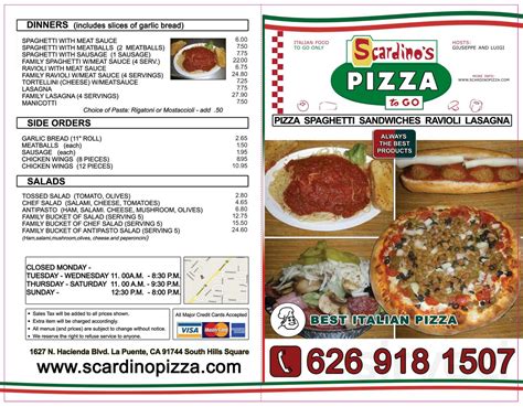 Scardino's pizza - Scardino's Pizza To Go, 1627 N Hacienda Blvd, La Puente, CA 91744, Mon - Closed, Tue - 11:00 am - 8:30 pm, Wed - 11:00 am - 8:30 pm, Thu - 11:00 am - 9:30 pm, Fri - 11:00 am - 9:30 pm, Sat - 11:00 am - 9:30 pm, Sun - 12:30 pm - 8:00 pm